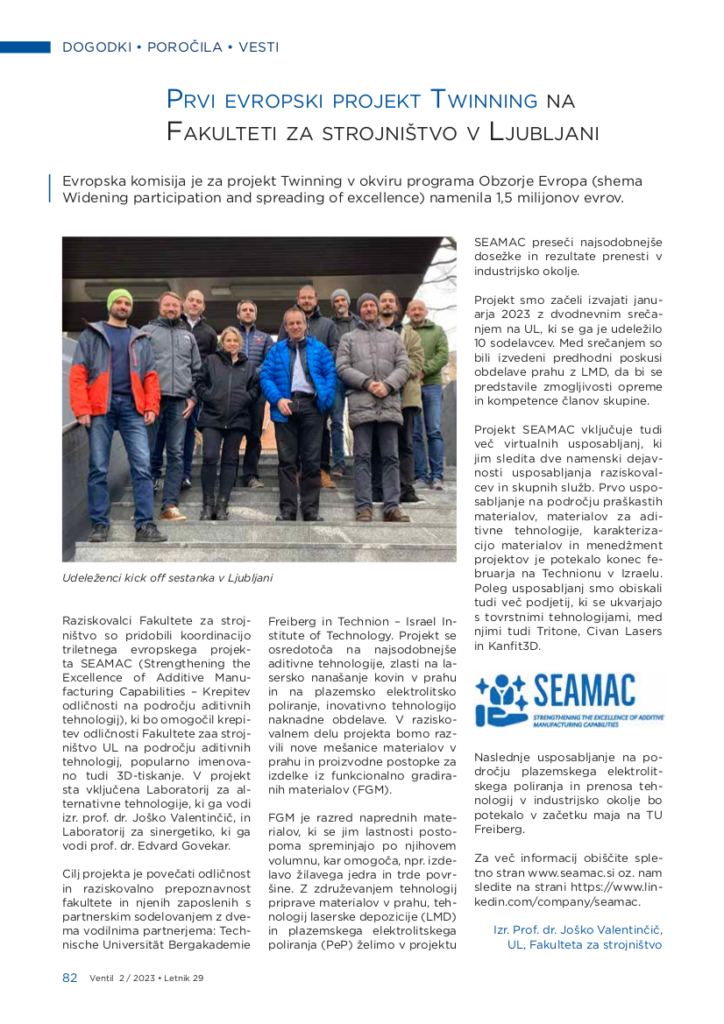 News Release reporting of the first Twinning project at Faculty of Mechanical Engineering in Ljubljana